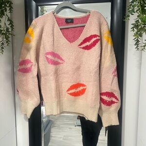 Vici Women's V-Neck Sweater with Pink and Orange Lips
